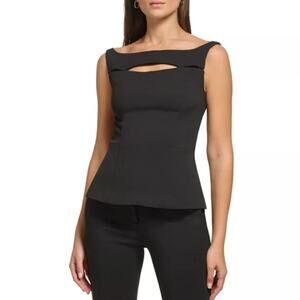 DKNY Black Cutout Peplum Top Square Neck Sleeveless Slim Fit Structured XS NWT